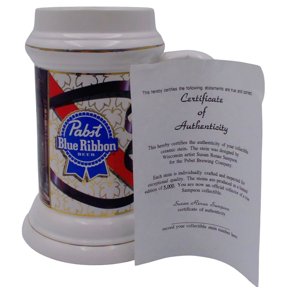 Vintage 1995 Pabst Blue Ribbon Beer Stein Olde Corner Pub Collectors Series COA